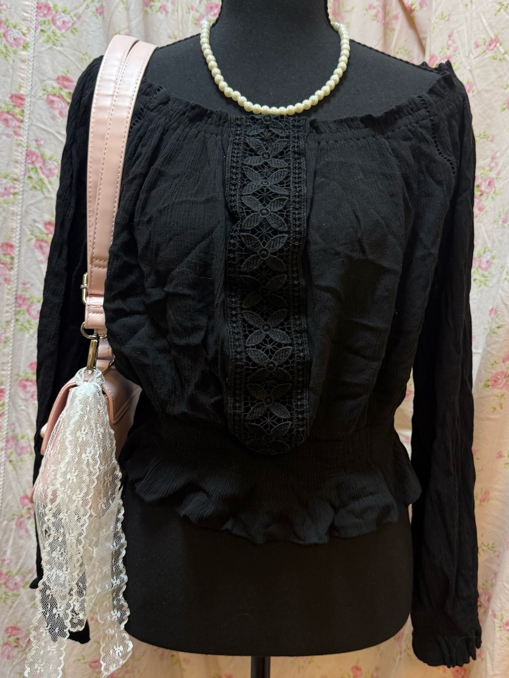 H&M Black Lace-Panel Off-Shoulder Peasant Blouse